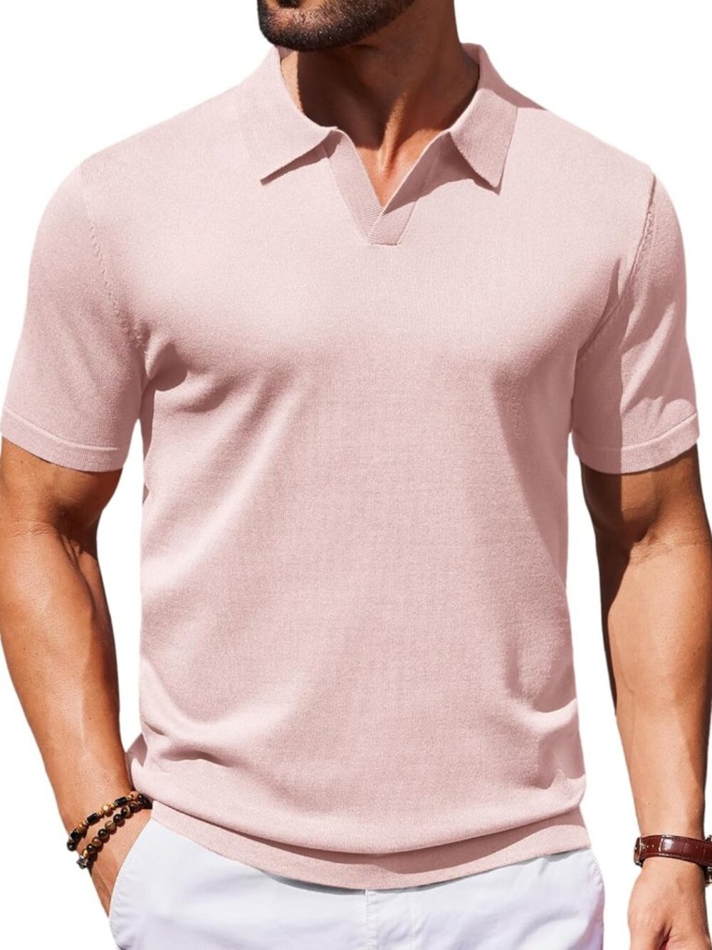 Women's Pink V-Neck Short Sleeve Stretch Knit Polo Shirt Top